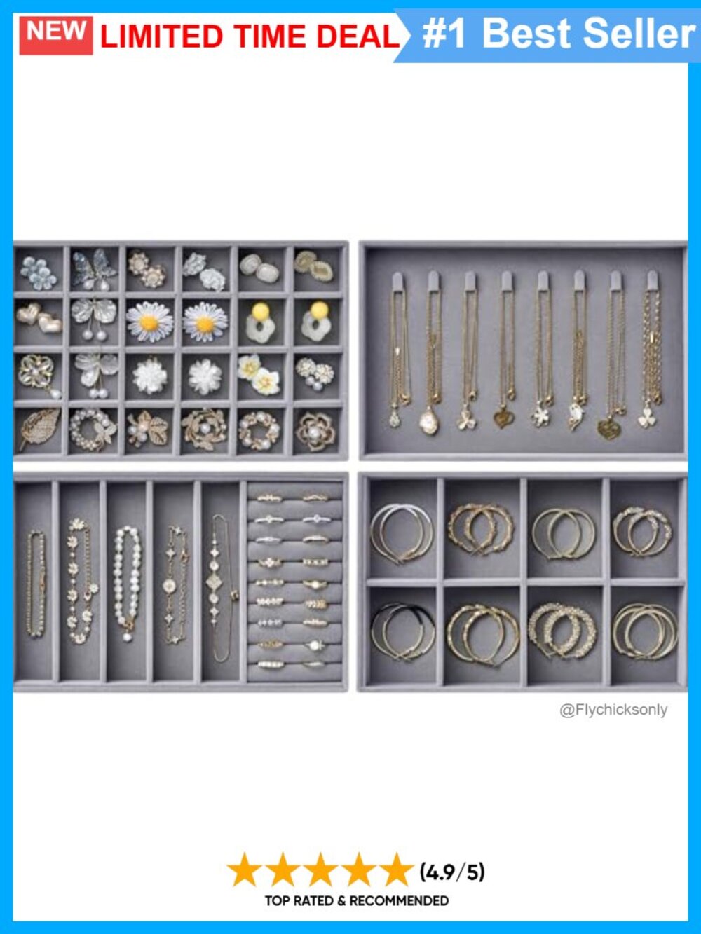 Velvet Jewelry Drawer Organizer Trays Stackable 4-Layer Jewelry Storage Inserts